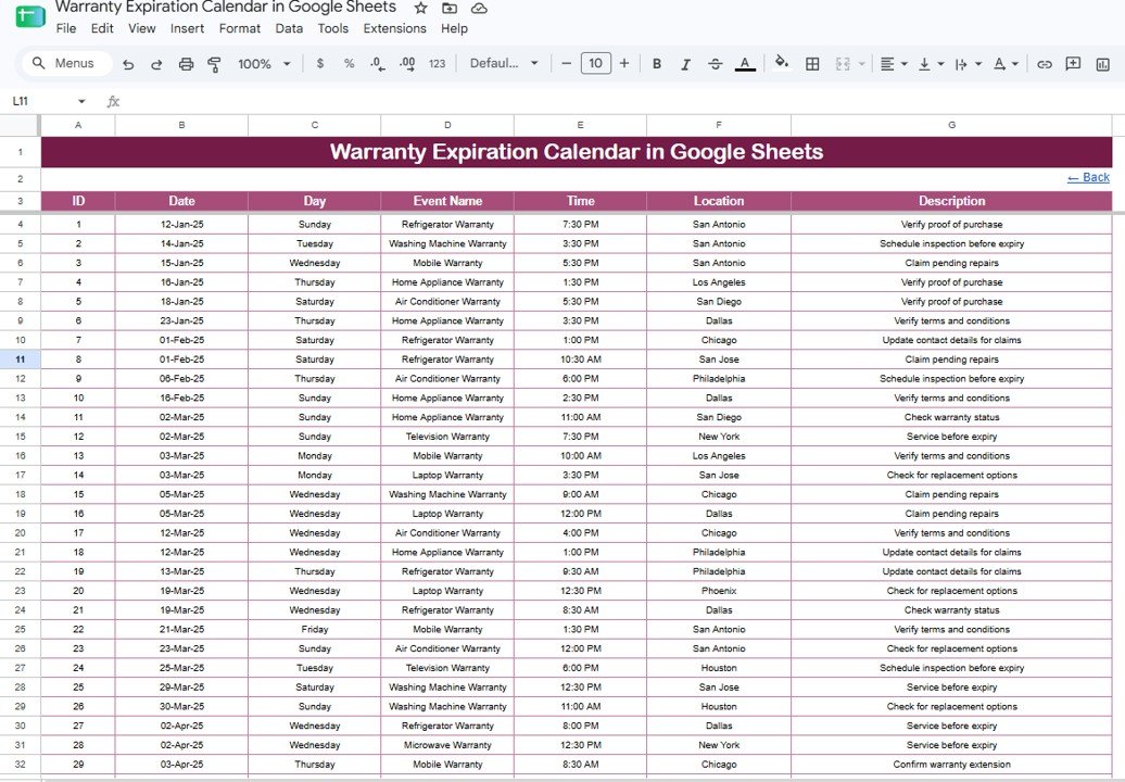 Events sheet tab for warranty expiration calendar in Google Sheets