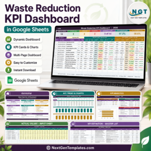 Waste Reduction KPI Dashboard in Google Sheets product cover showing the 14-KPI scorecard on a laptop