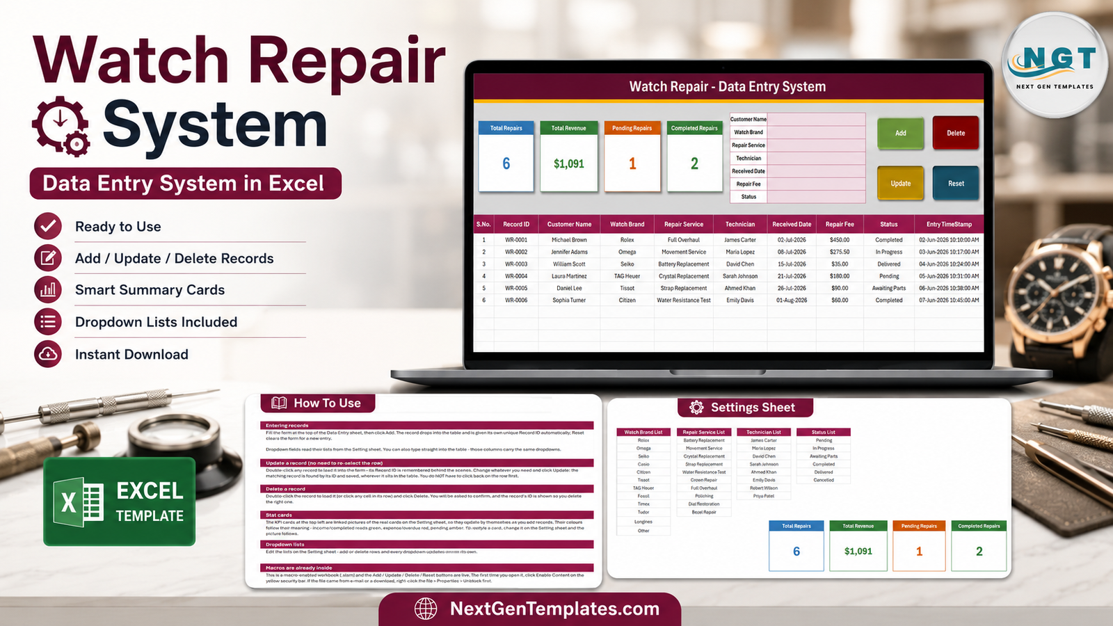 Watch Repair Data Entry System in Excel overview with Data Entry, Settings and How To Use sheets