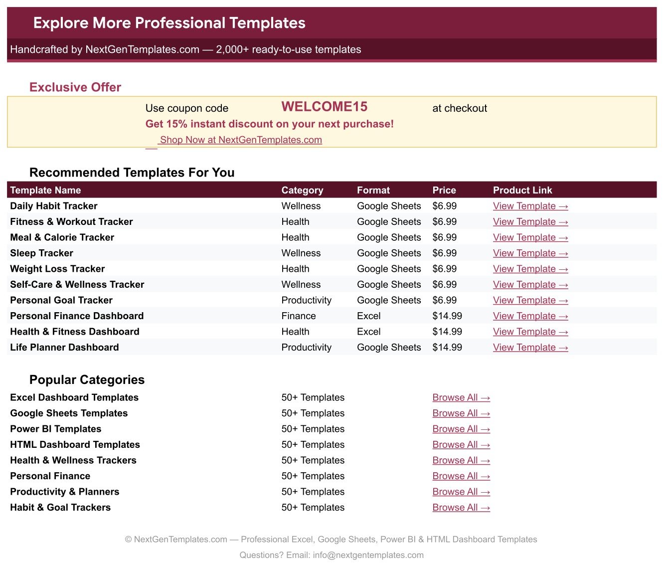 Explore More Templates page of the Water Intake Tracker in Google Sheets with recommended templates and categories