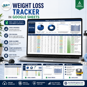 Weight Loss Tracker in Google Sheets product cover showing the weigh-in dashboard on a laptop