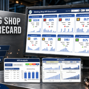 Welding Shop KPI Scorecard in Excel - product cover showing the Scorecard, KPI Analysis and KPI Trend pages