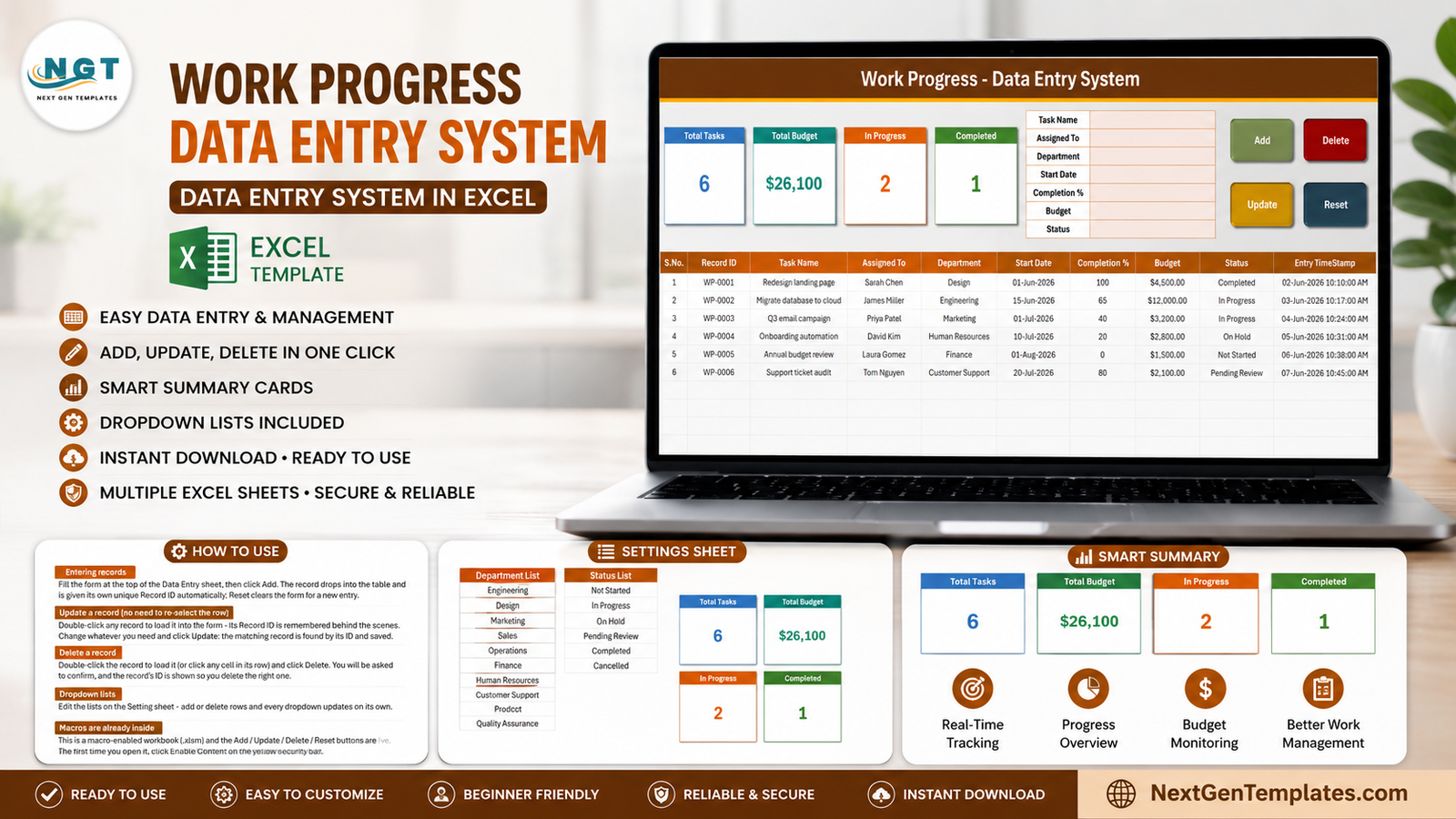 Work Progress Data Entry System in Excel showing the task form, progress register and summary cards