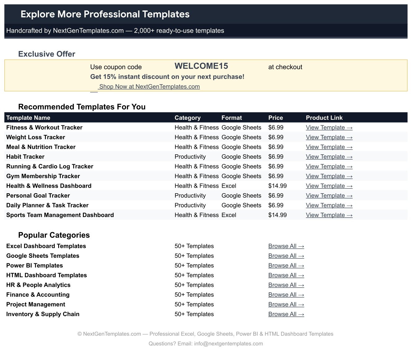 Explore More Templates sheet inside the Workout Log Tracker in Google Sheets