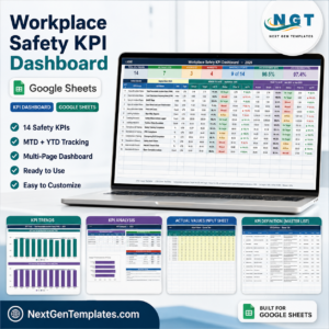 Workplace Safety KPI Dashboard in Google Sheets - product cover showing the 14-KPI monthly scorecard