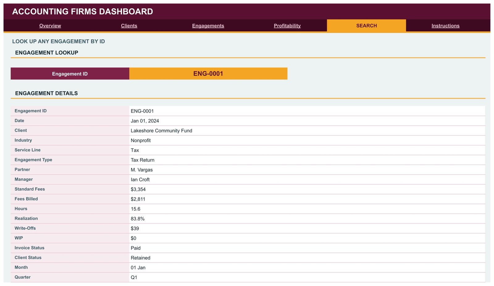 Accounting Firms Dashboard in Google Sheets - Search page