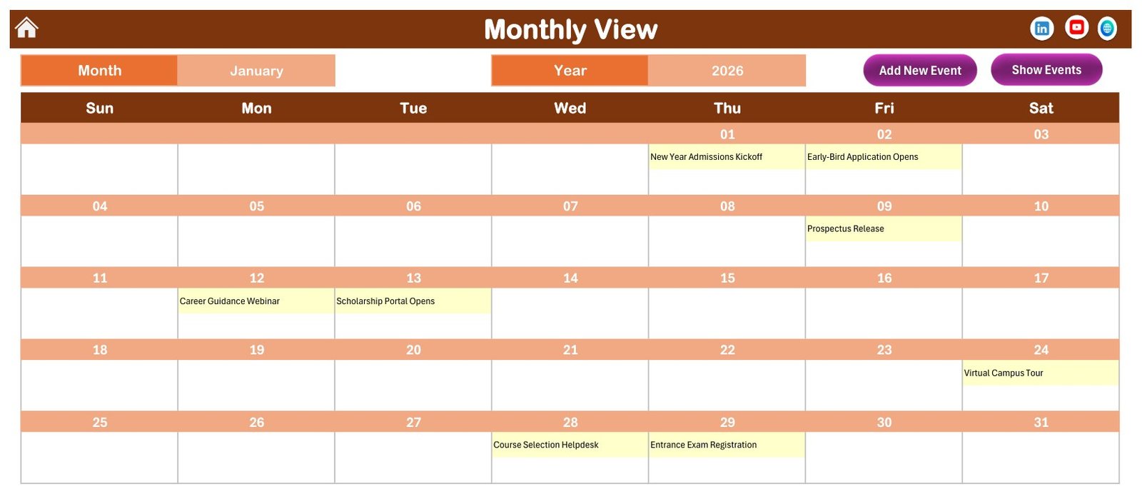 Monthly View with admission events in January 2026