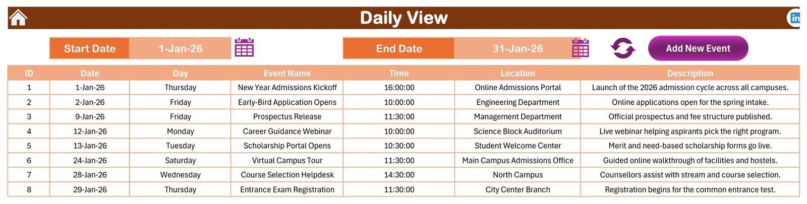 Daily View schedule table for admission events