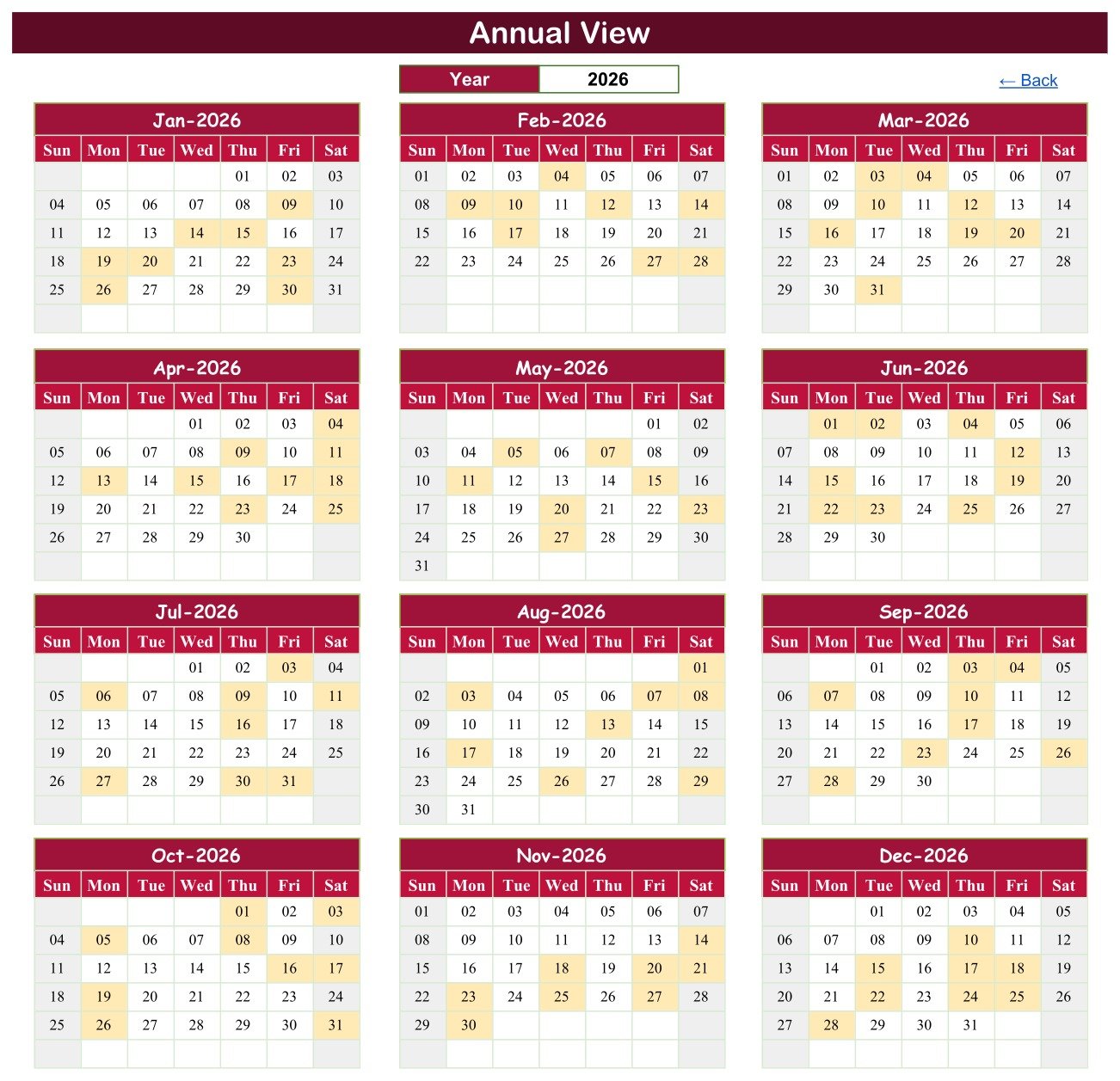 Admission Season Calendar in Google Sheets - Annual View with 12 month grids