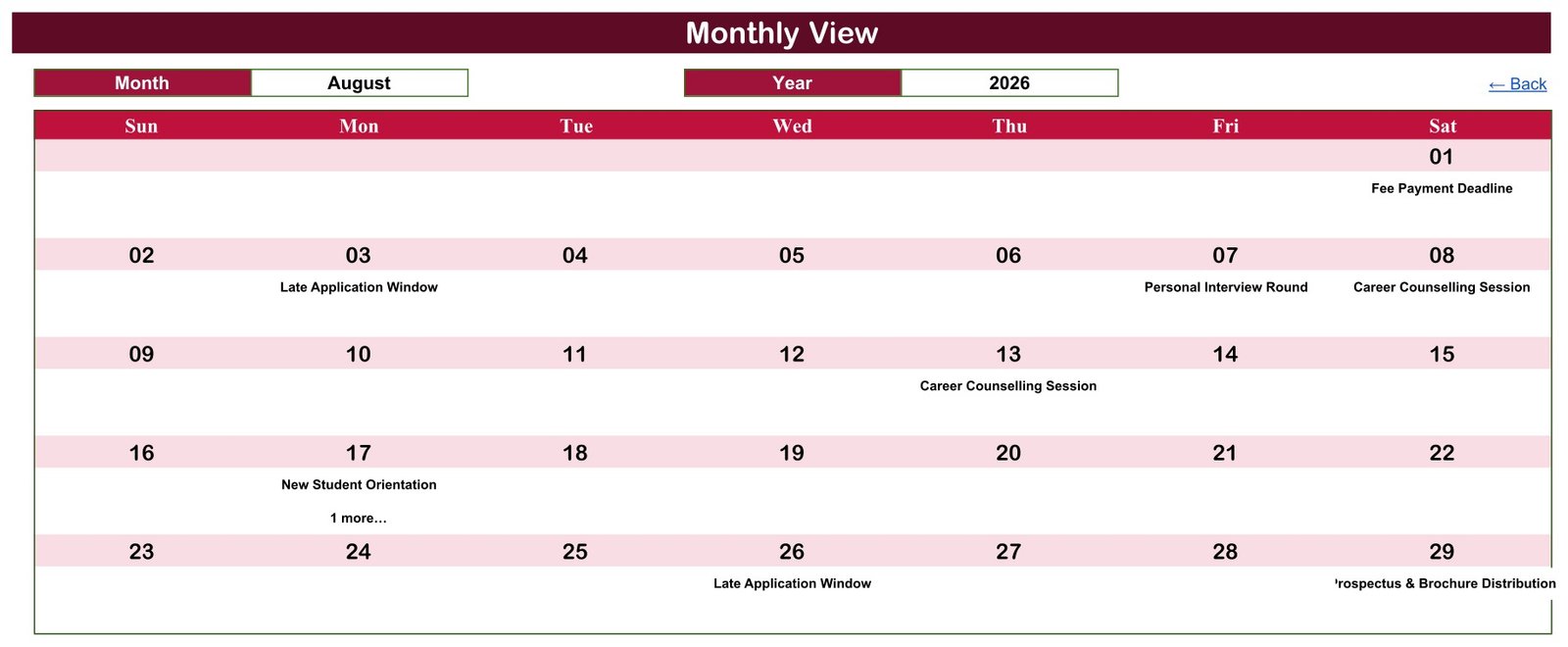Admission Season Calendar - Monthly View for August 2026