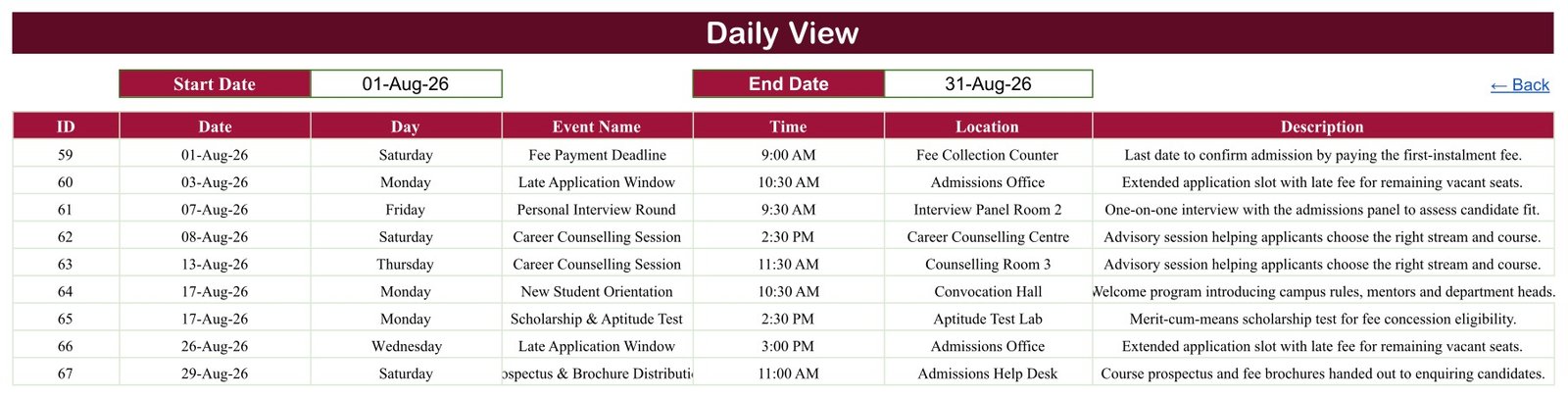 Admission Season Calendar - Daily View date range report