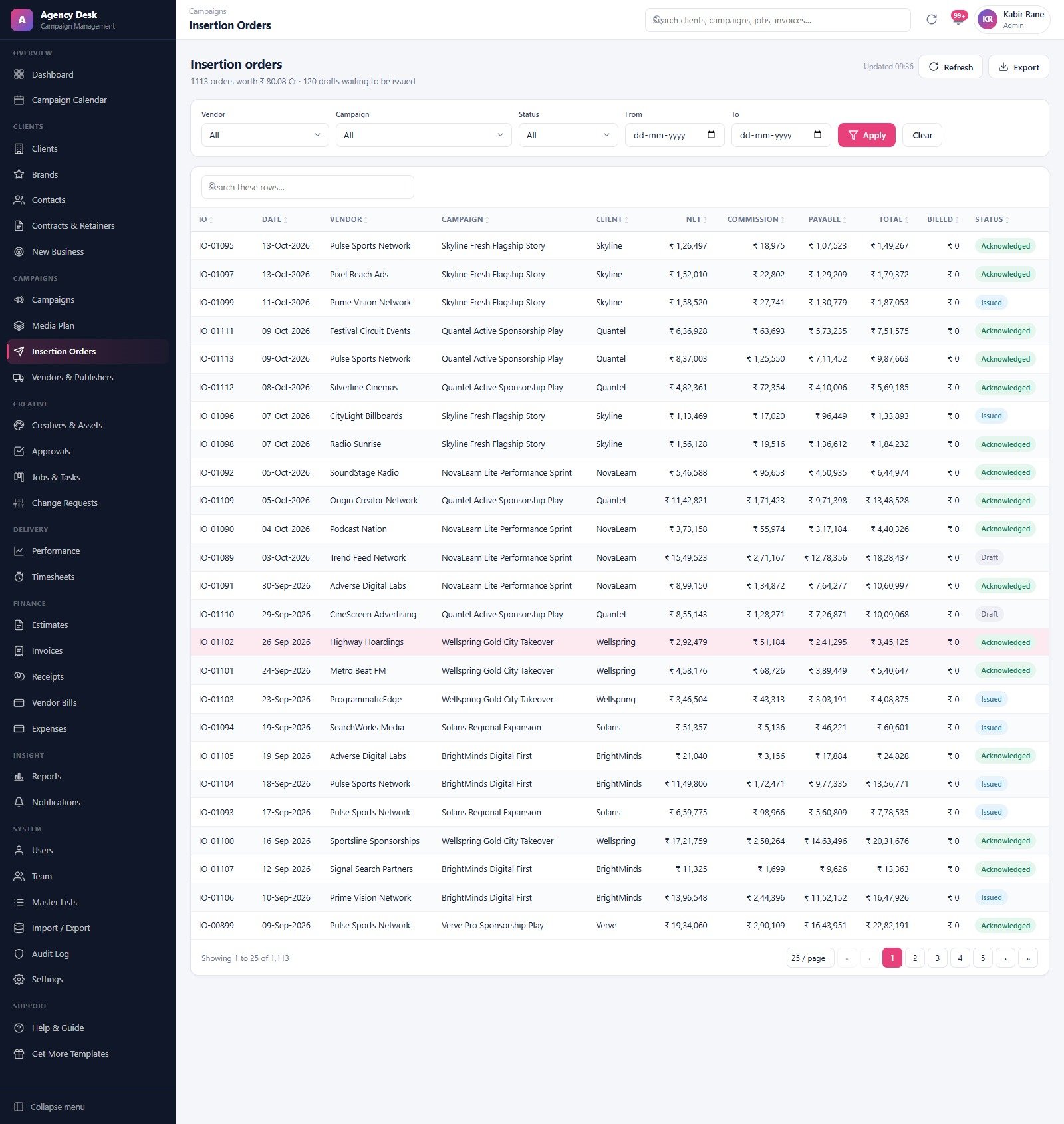 Insertion orders register with order numbers, vendors, order lines and status