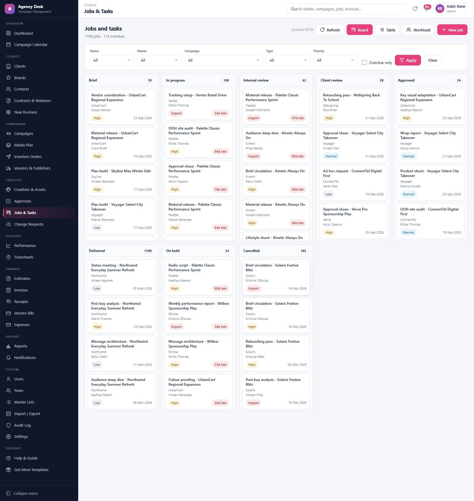 Jobs and tasks kanban board with eight status columns and overdue job badges