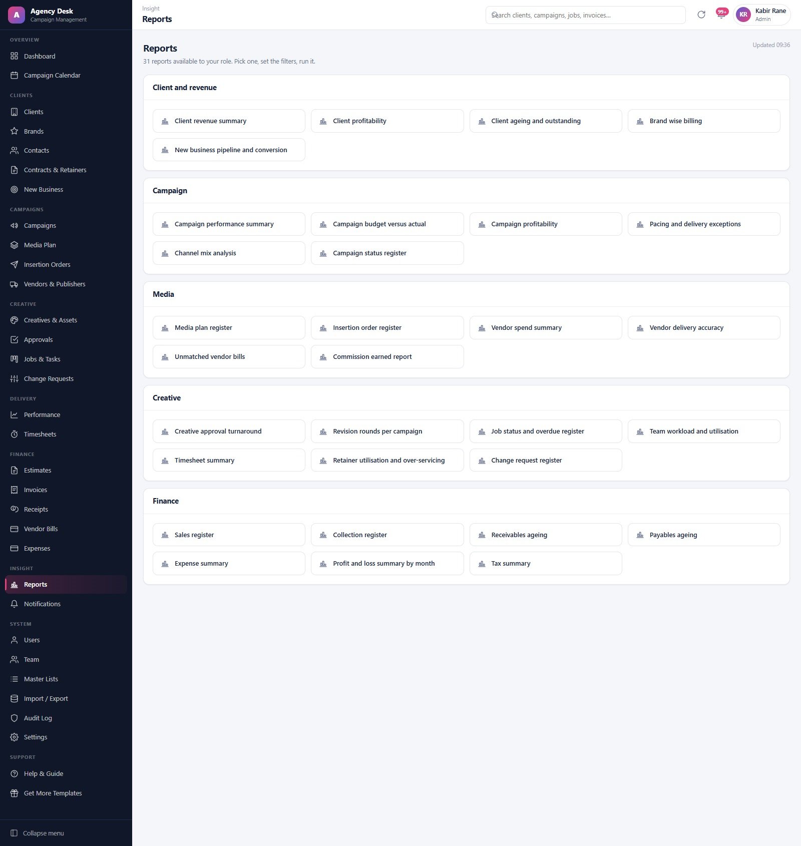Reports menu listing thirty-one agency reports across client, campaign, media, creative and finance families