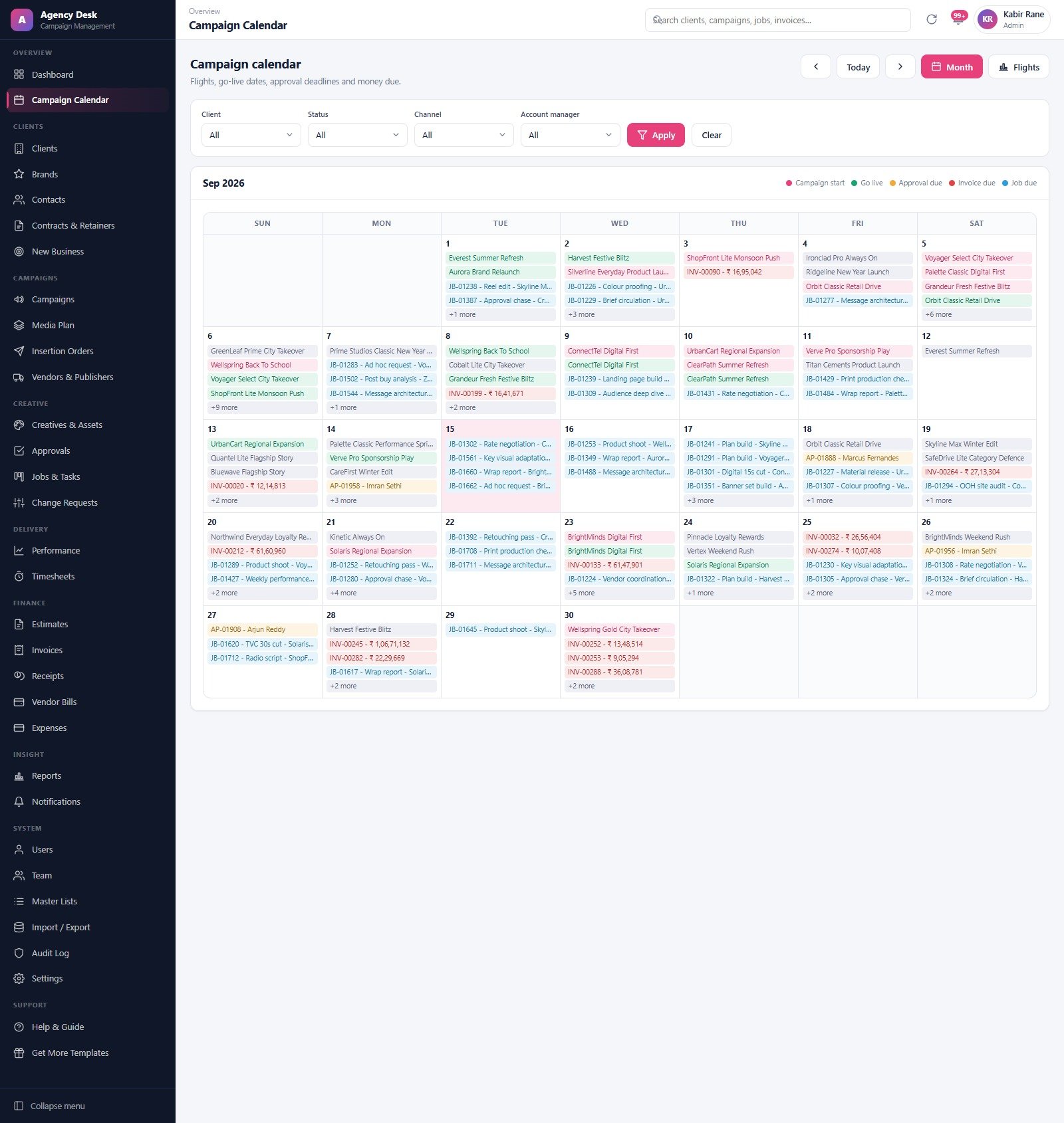 Campaign calendar month view with colour-coded go-live dates, approval deadlines and invoice due dates