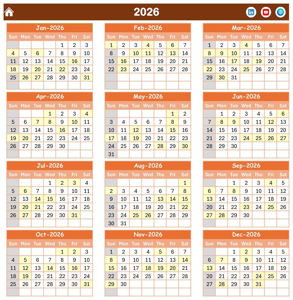 Ambulance Duty Calendar in Excel - Annual View for 2026