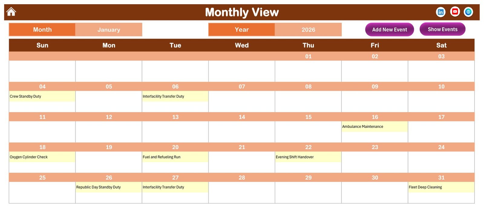 Ambulance Duty Calendar in Excel - Monthly View for January 2026