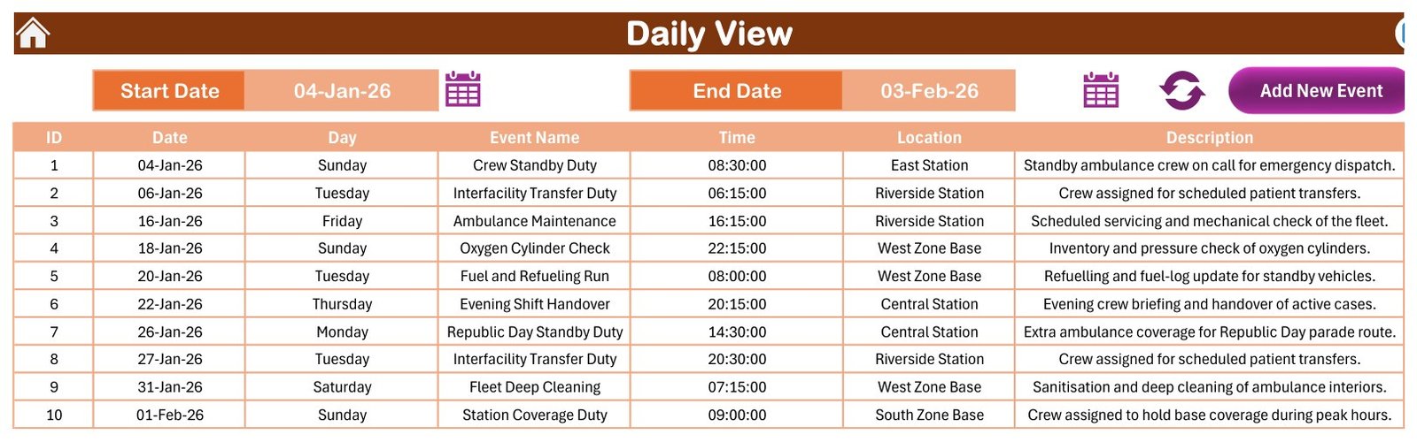 Ambulance Duty Calendar in Excel - Daily View date-range list