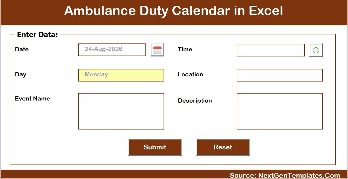 Ambulance Duty Calendar in Excel - pop-up VBA entry form