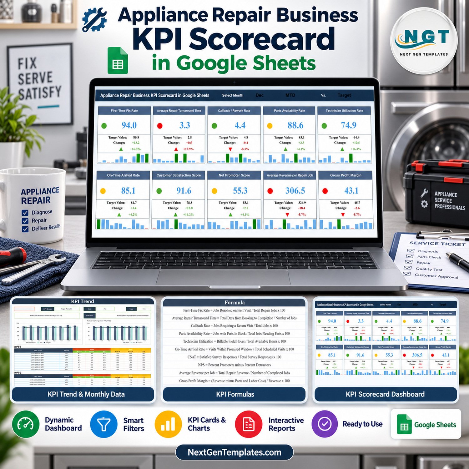 Appliance Repair Business KPI Scorecard in Google Sheets