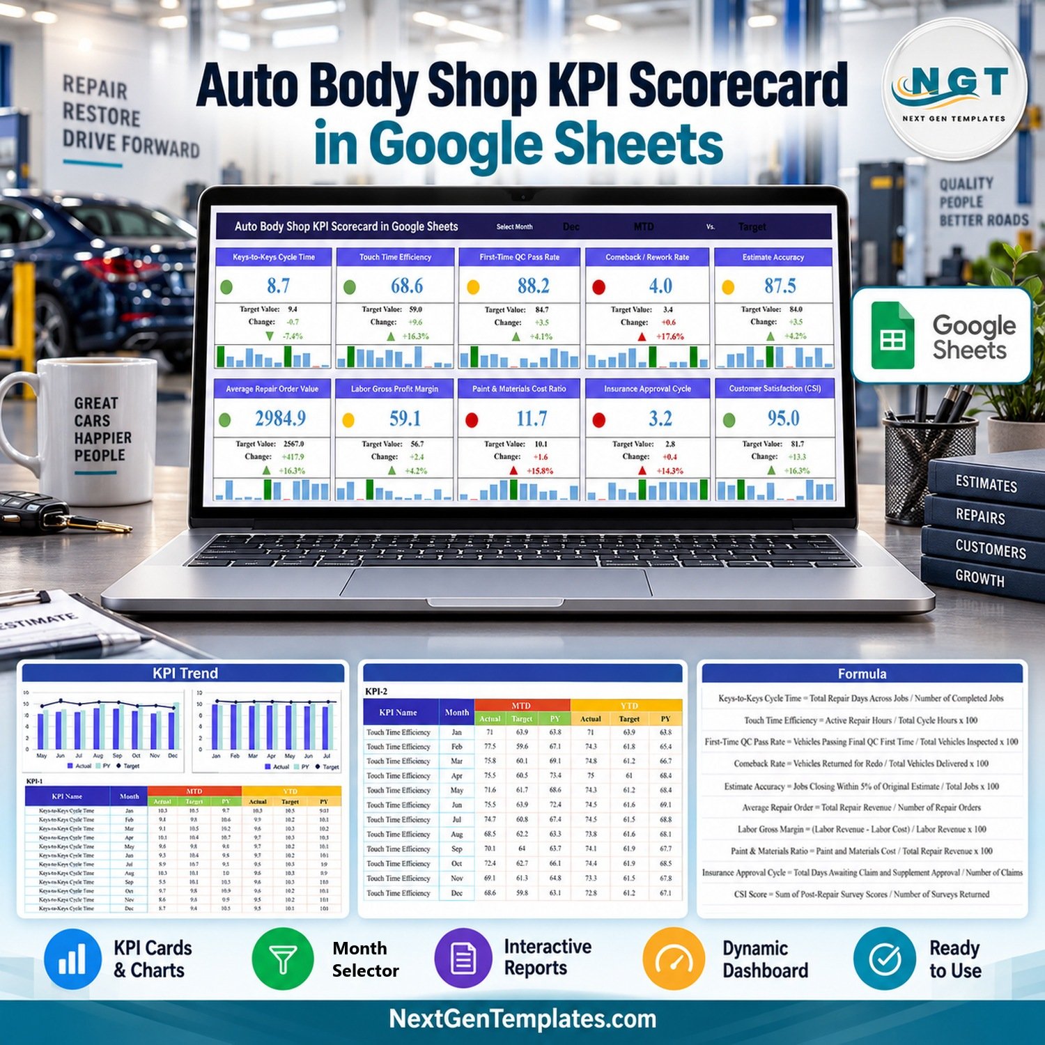 Auto Body Shop KPI Scorecard in Google Sheets