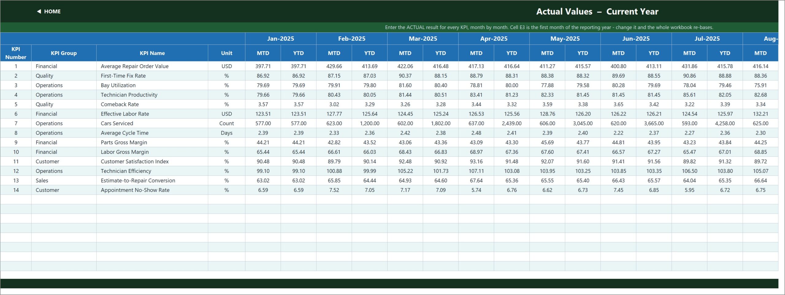 KPI Input Actual sheet with MTD and YTD columns for every month of the reporting year