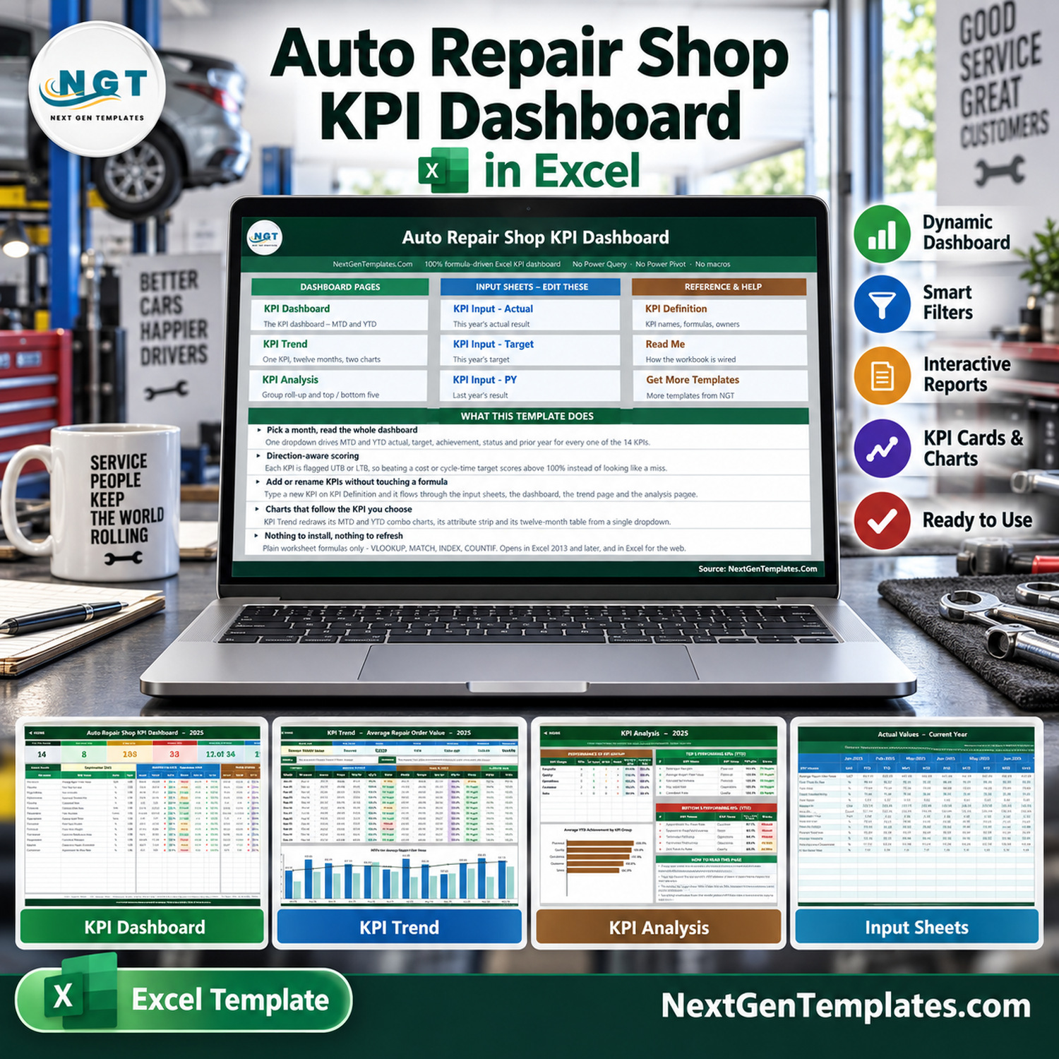 Auto Repair Shop KPI Dashboard in Excel showing the Home page with dashboard pages, input sheets and reference sheets