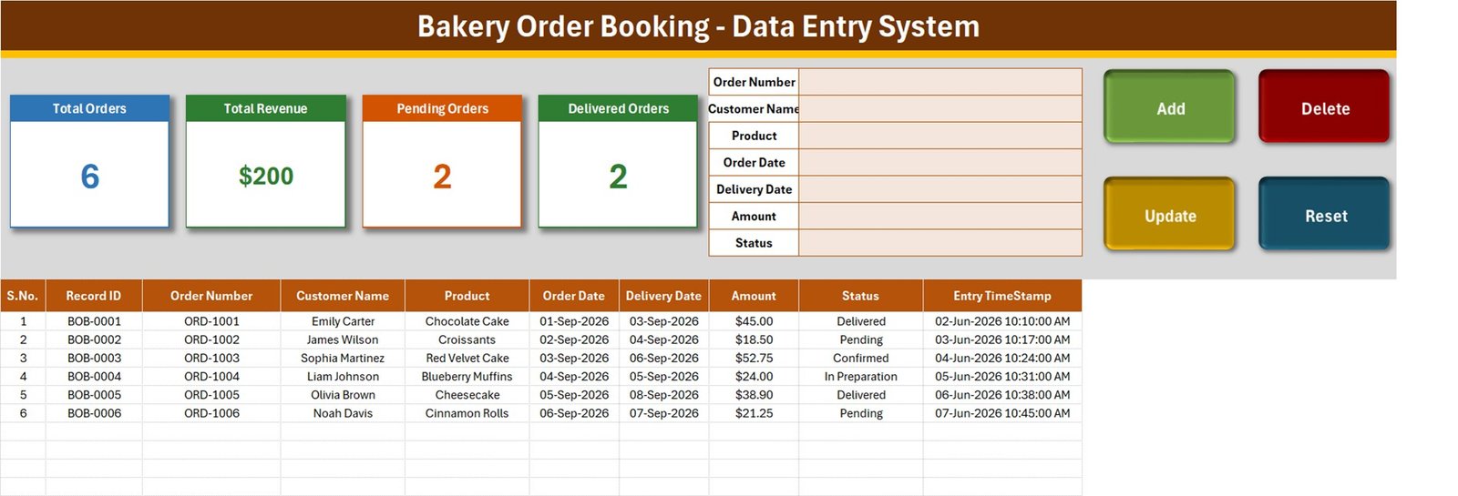 Bakery order book Excel template - Data Entry sheet with order form, buttons and table