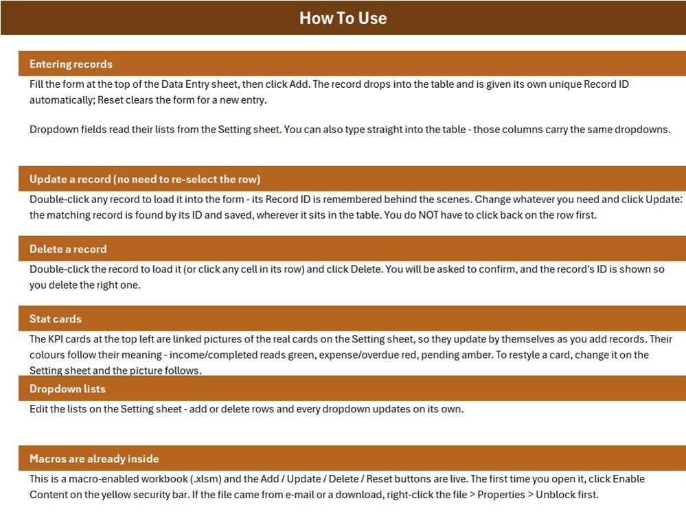 How To Use sheet explaining entry, update, delete, stat cards and macro settings in the bakery sales register workbook
