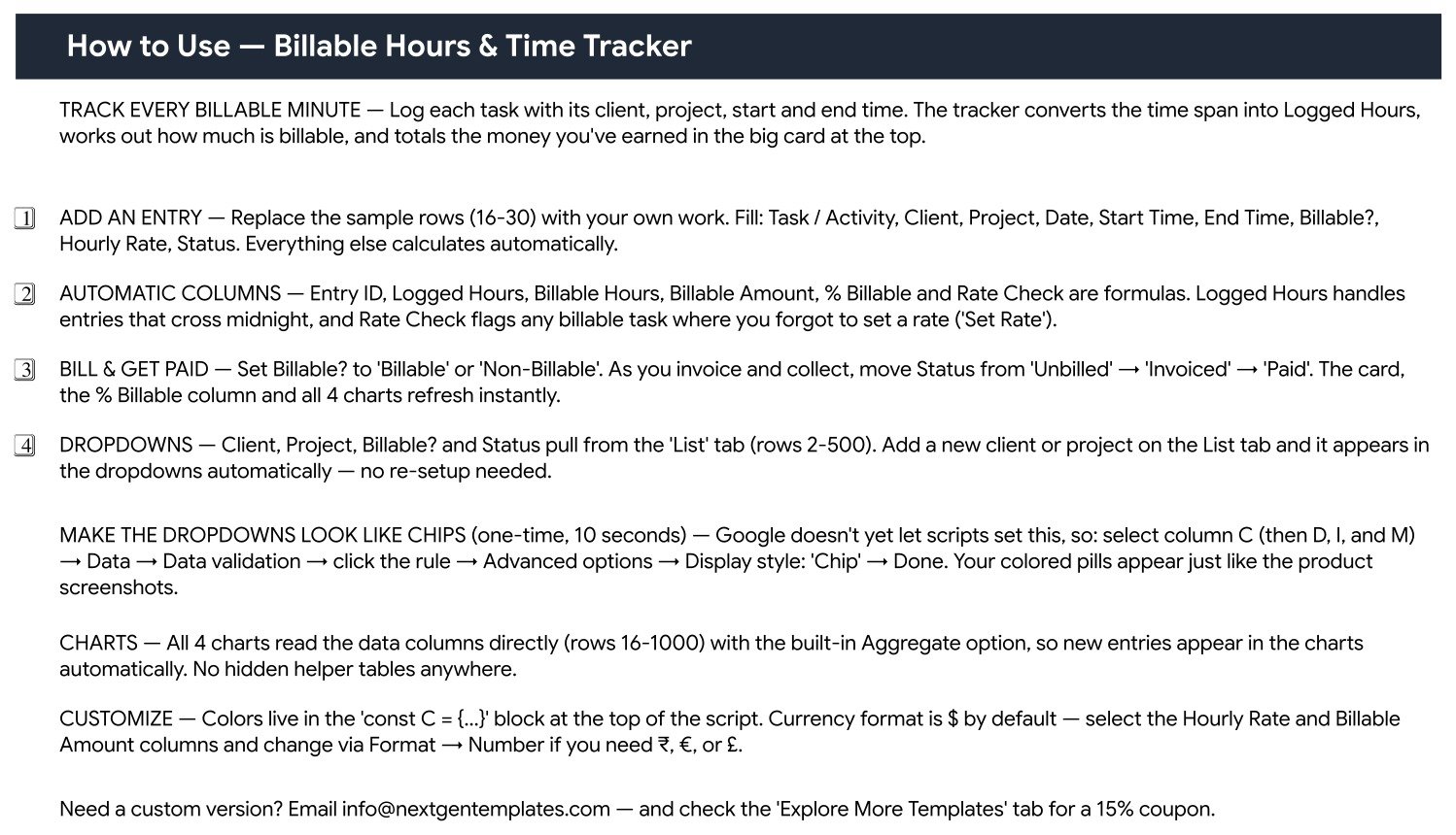 How to Use tab of the Billable Hours and Time Tracker in Google Sheets explaining entries, automatic columns and dropdowns