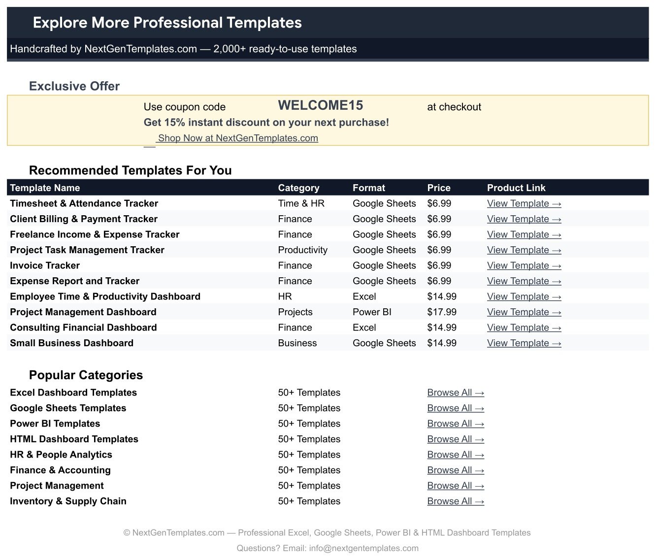 Explore More Templates tab of the Billable Hours and Time Tracker in Google Sheets with the coupon and recommended templates