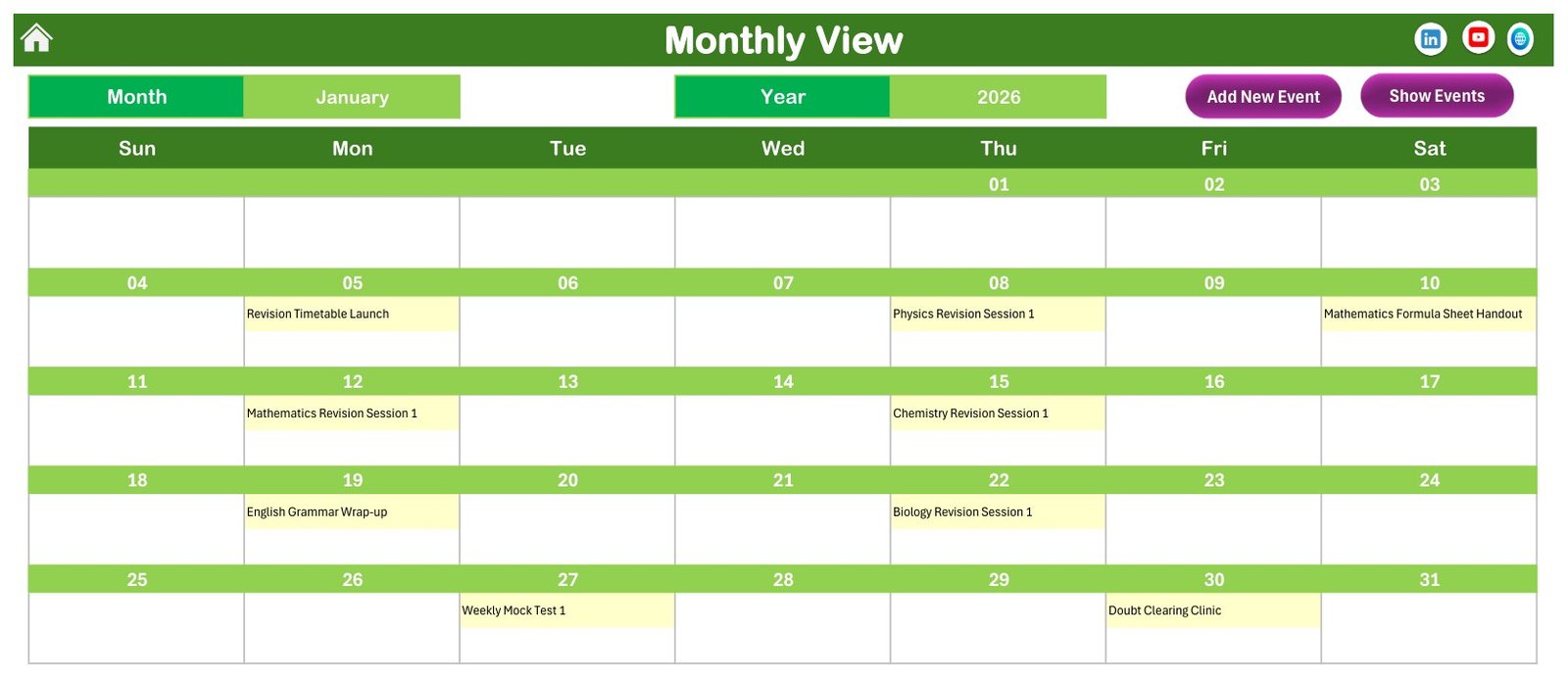 Monthly view with revision sessions by date