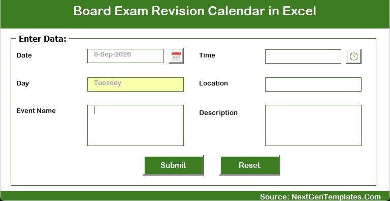 Data entry form for a revision event