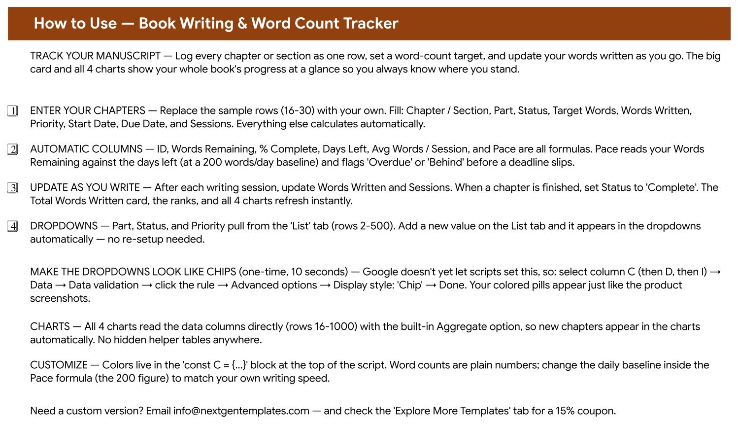 How to Use tab of the book writing tracker in Google Sheets