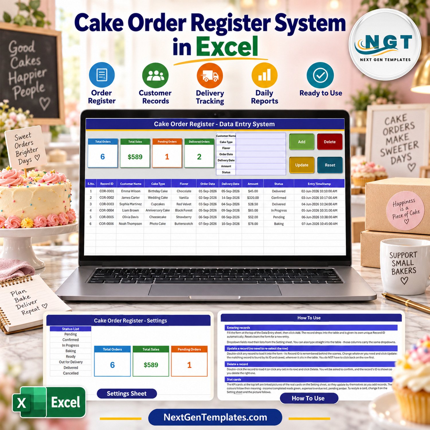 Cake Order Register Data Entry System in Excel