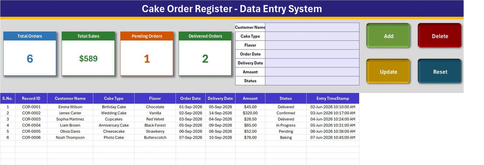 Cake order register in Excel - Data Entry sheet