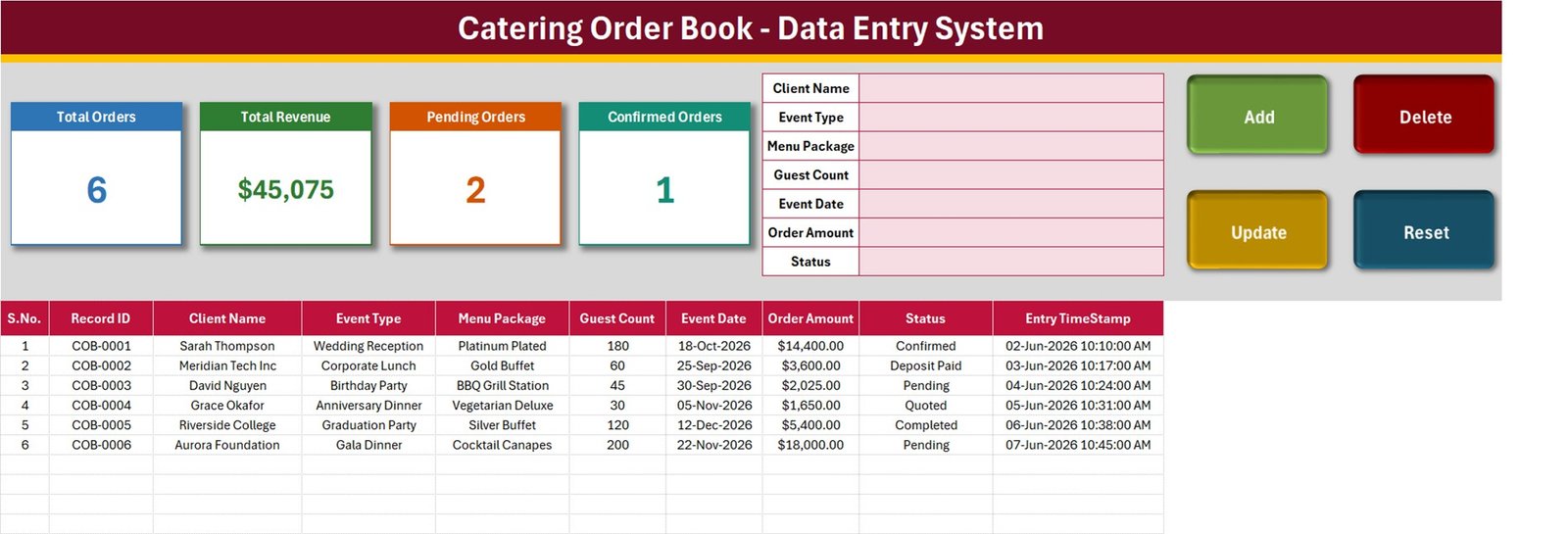 Catering order book Excel Data Entry sheet with form, buttons and order table