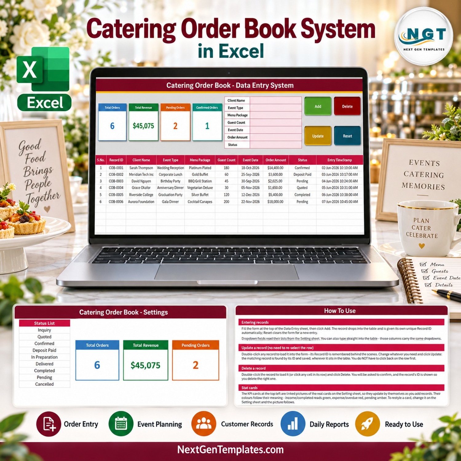 Catering Order Book Data Entry System in Excel