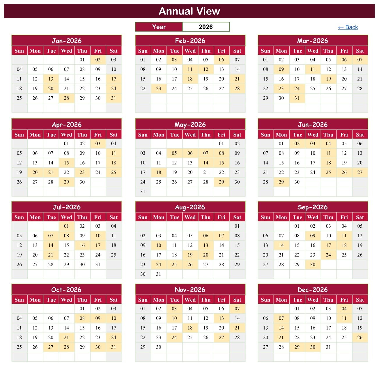 Chemotherapy Cycle Calendar in Google Sheets - Annual View