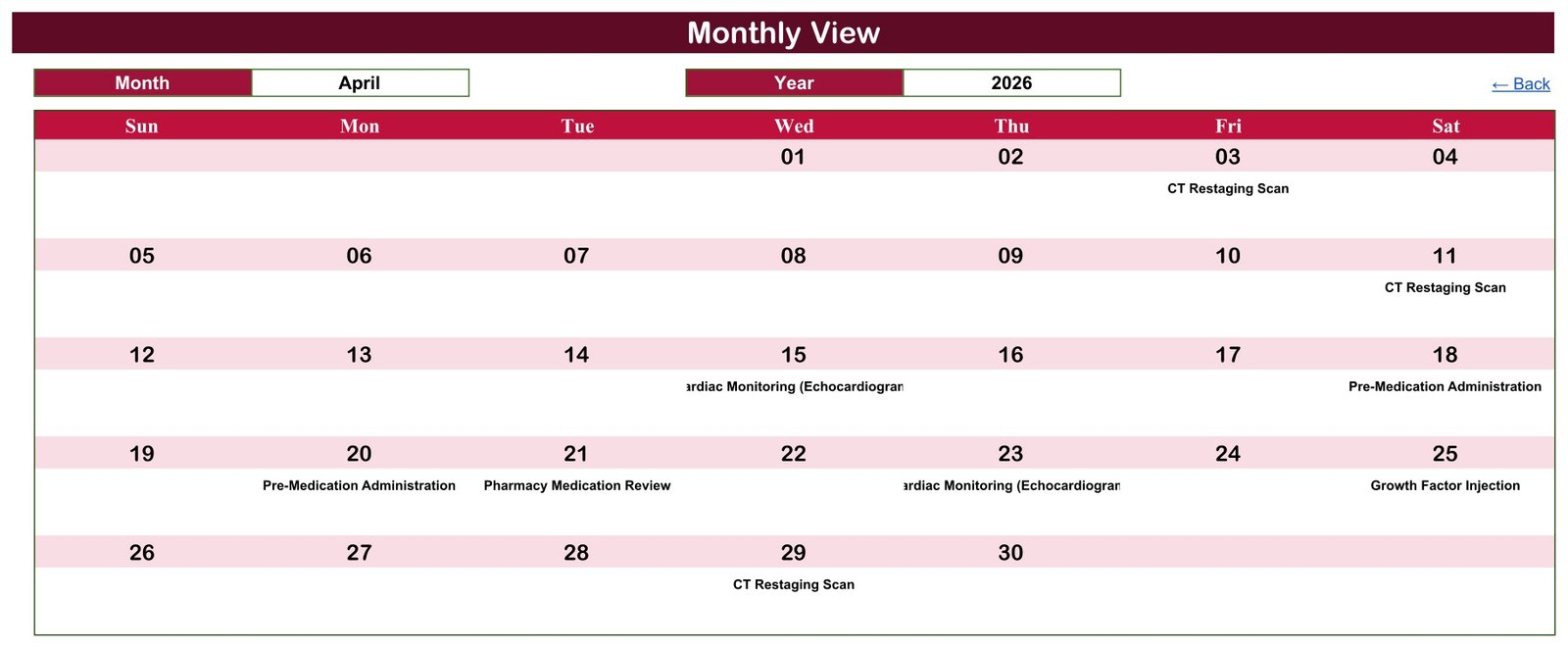 Chemotherapy Cycle Calendar in Google Sheets - Monthly View