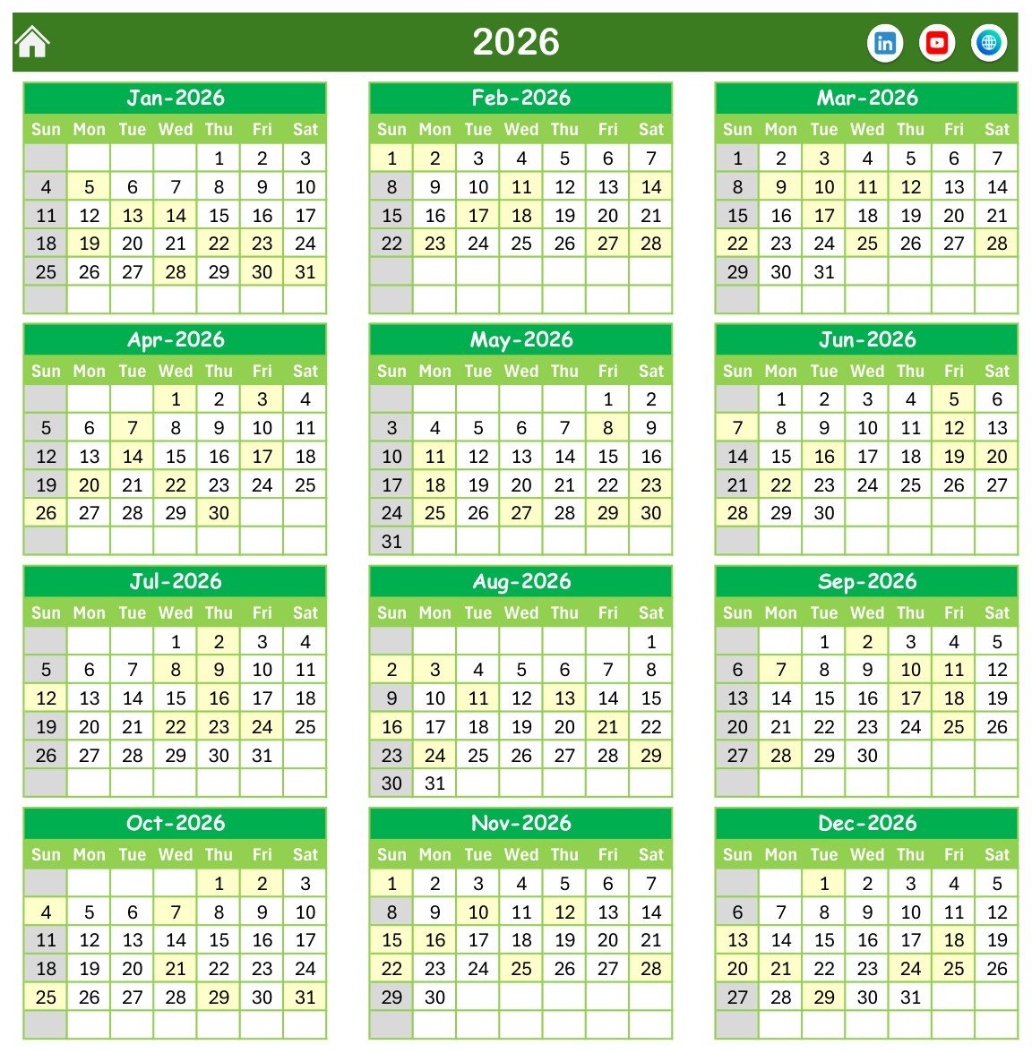 Twelve-month Annual View in the Excel research calendar