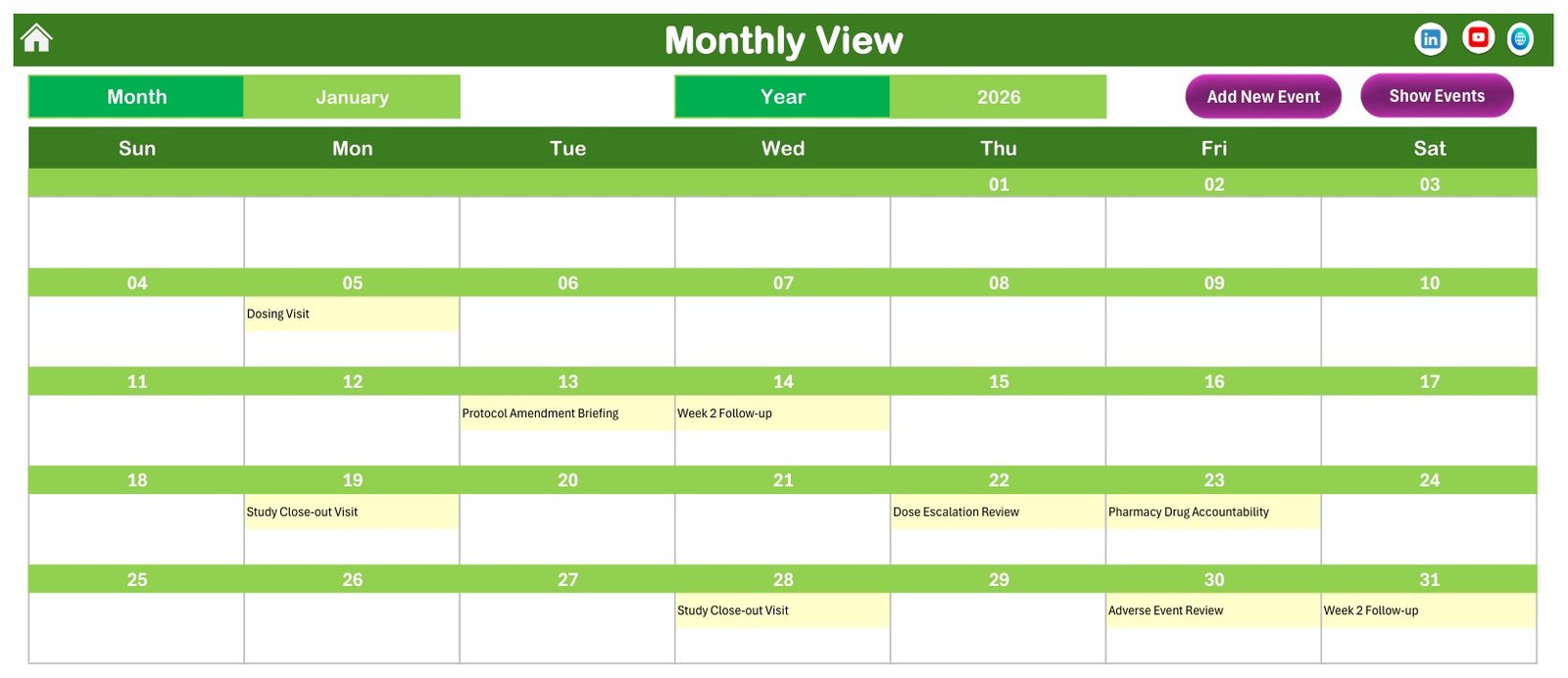 Monthly View showing administrative visit schedule labels