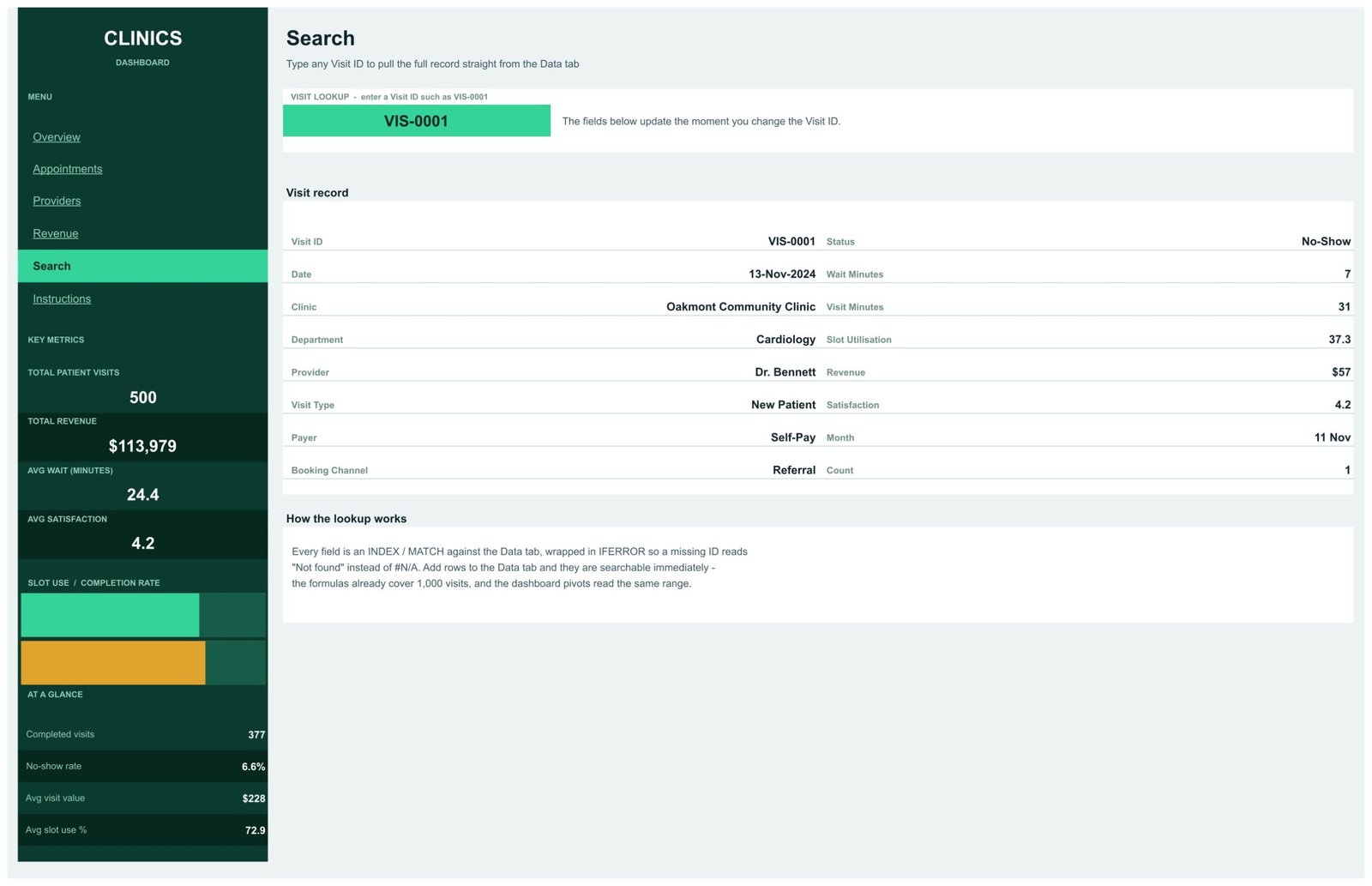 Clinics Dashboard in Google Sheets - Search page
