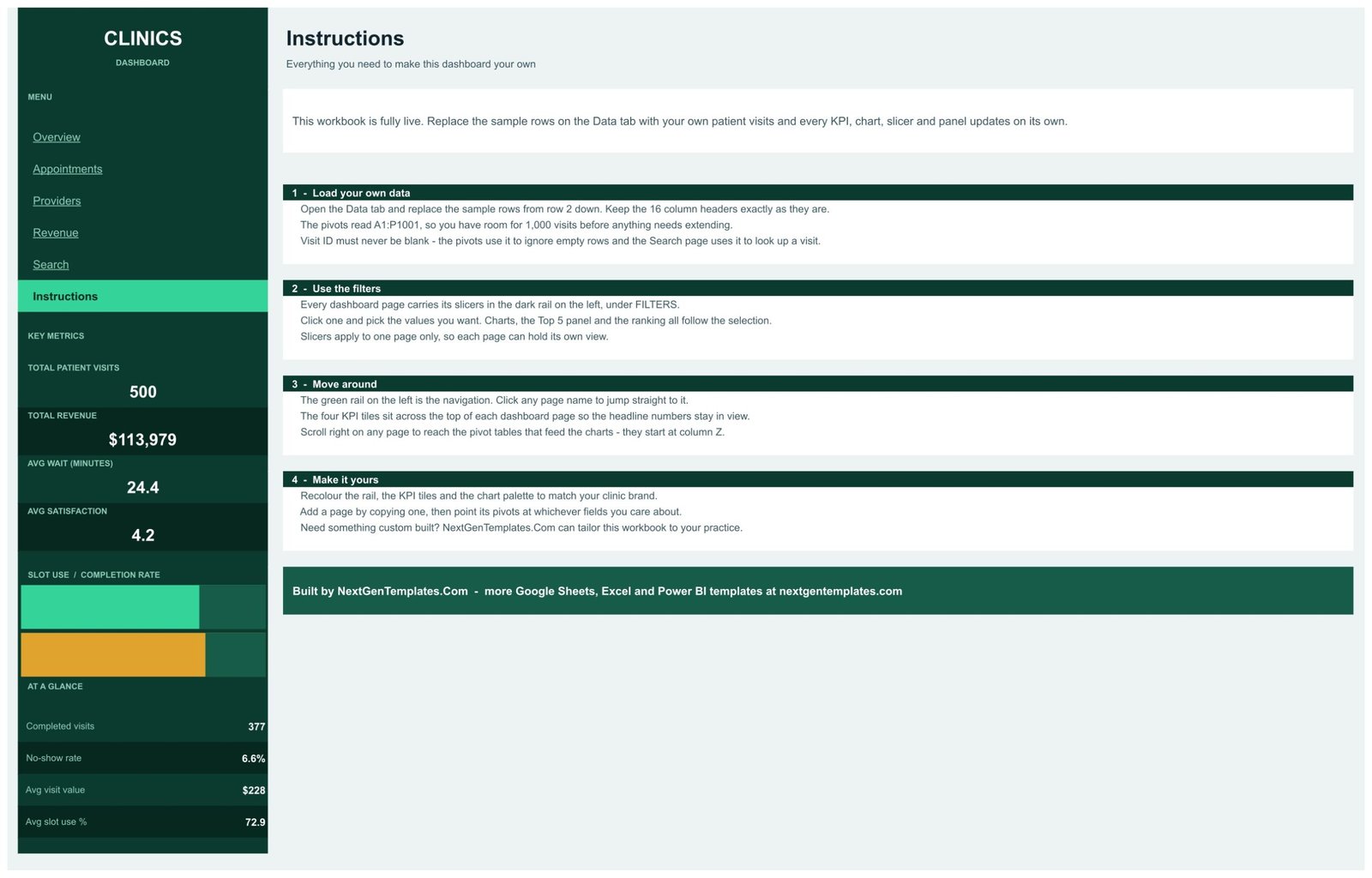 Clinics Dashboard in Google Sheets - Instructions page