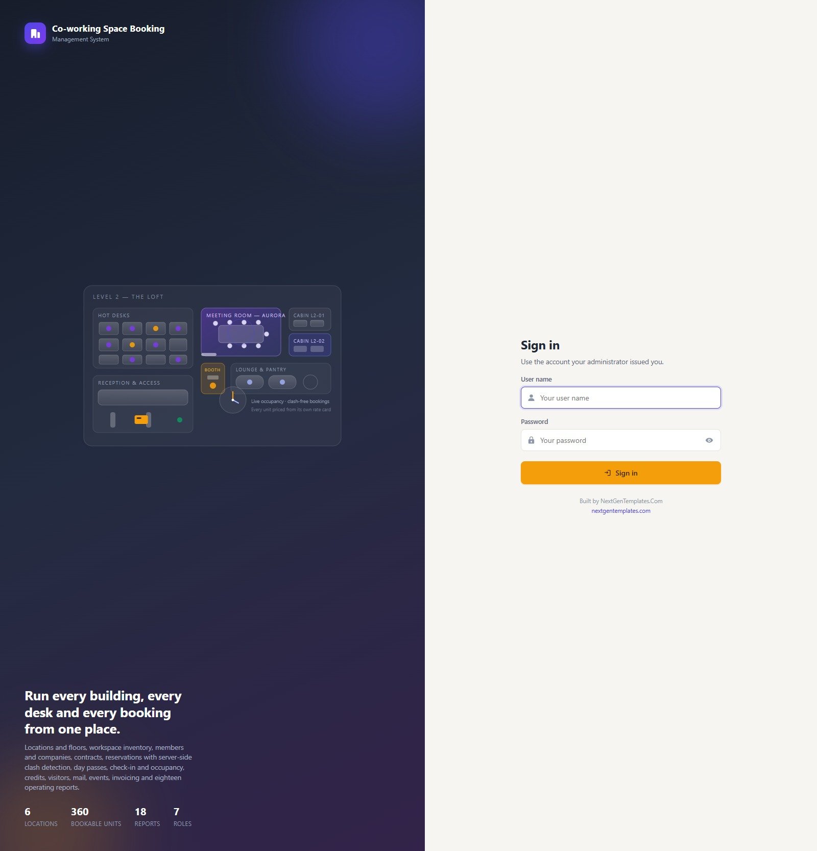 Co-working space booking management system sign-in screen listing 6 locations, 360 bookable units, 18 reports and 7 roles