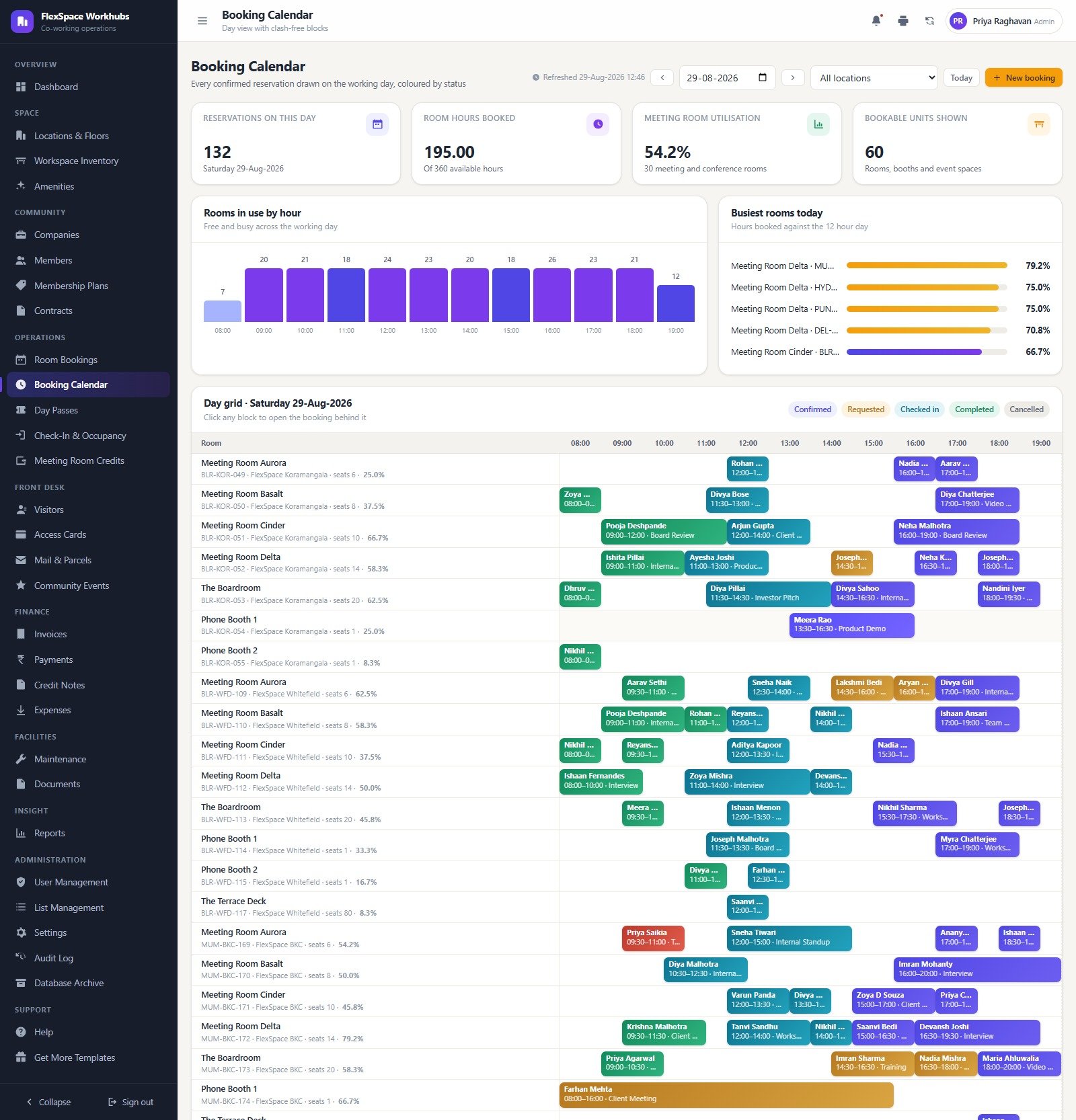 Booking calendar day grid showing clash-free meeting room reservations across six locations