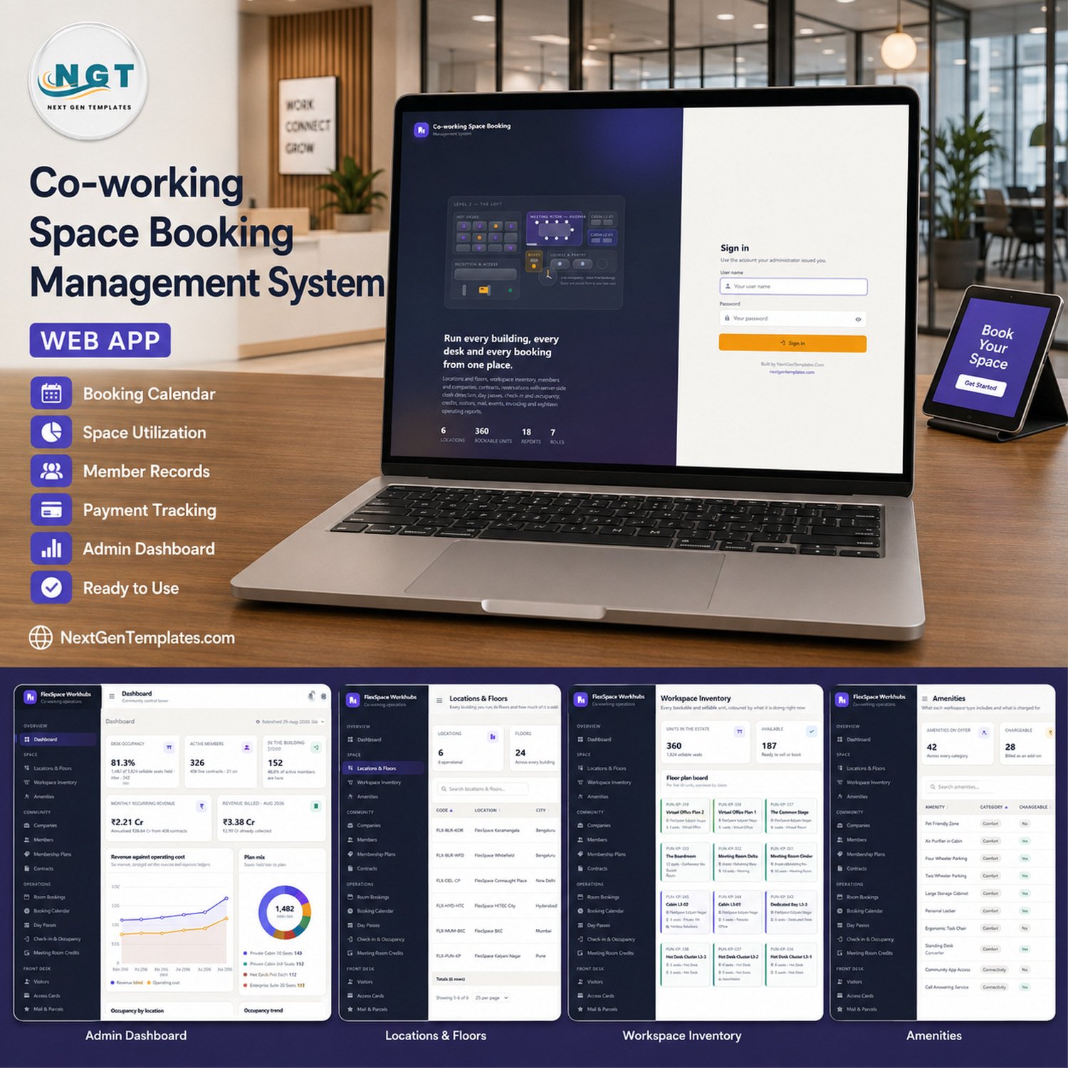 Co-working space booking management system web app product image
