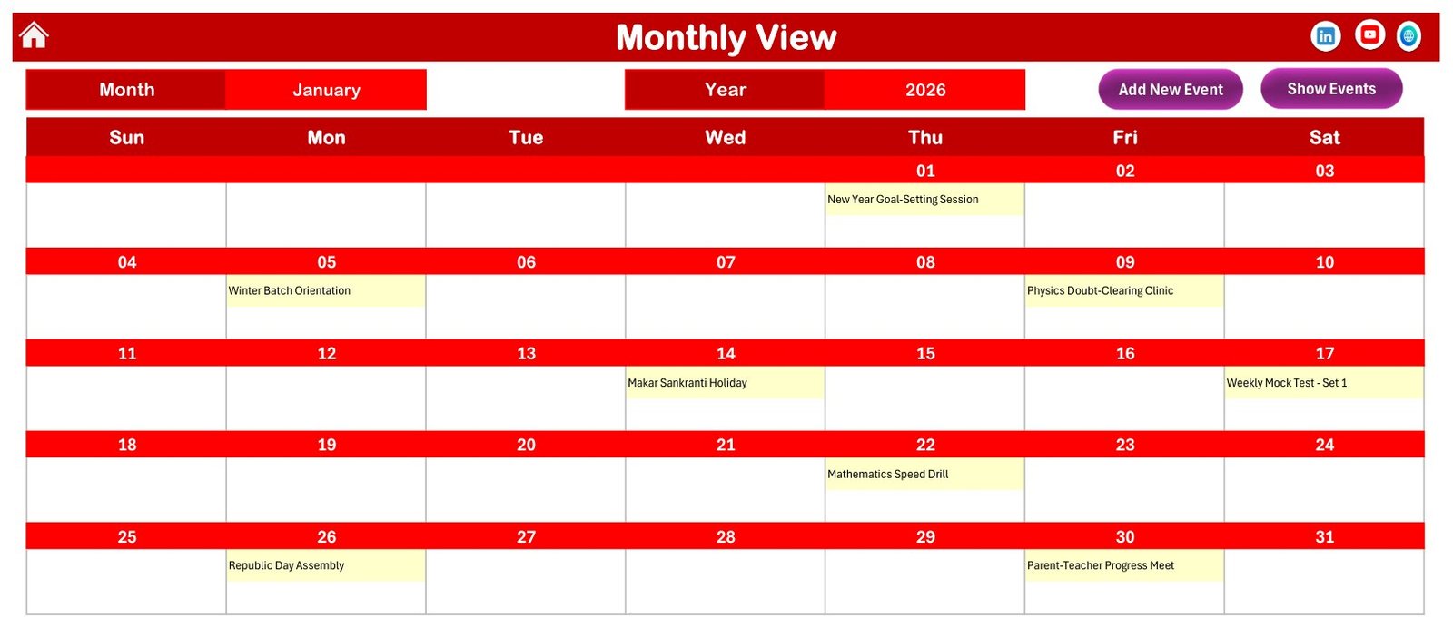 Excel coaching calendar monthly view