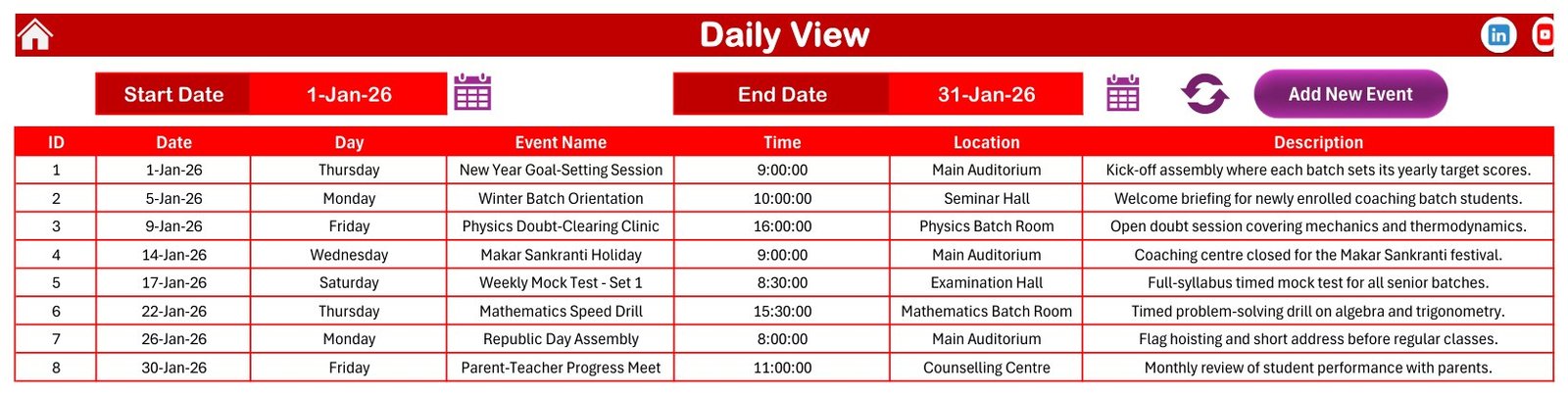 Excel coaching calendar daily view