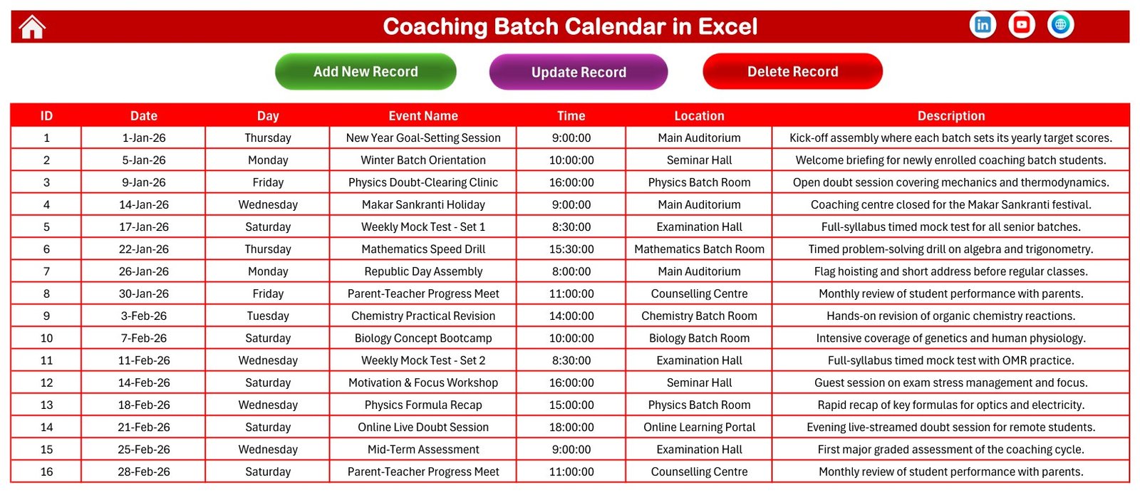 Excel coaching calendar events database
